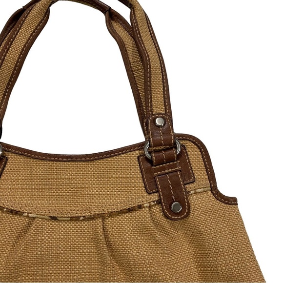 Fossil Straw Large Satchel Bag Floral Accent Leather Trim Magnetic Closure 13x17 - Picture 3 of 13